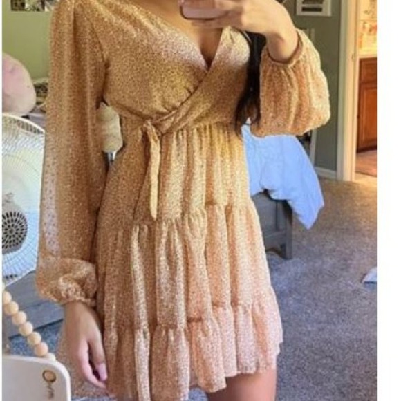 Altar'd State Dresses & Skirts - Altar'd State Long Sleeve Mini Leopard Print Tiered Faux Wrap Dress
